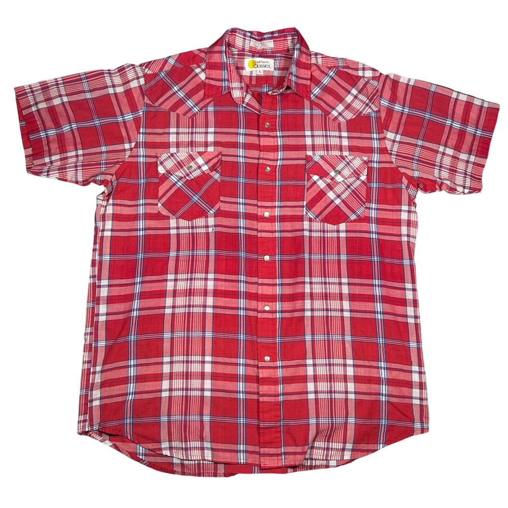 Southern Classics Mens Red Plaid Short Sleeve Western Pearl Snap Shirt Large